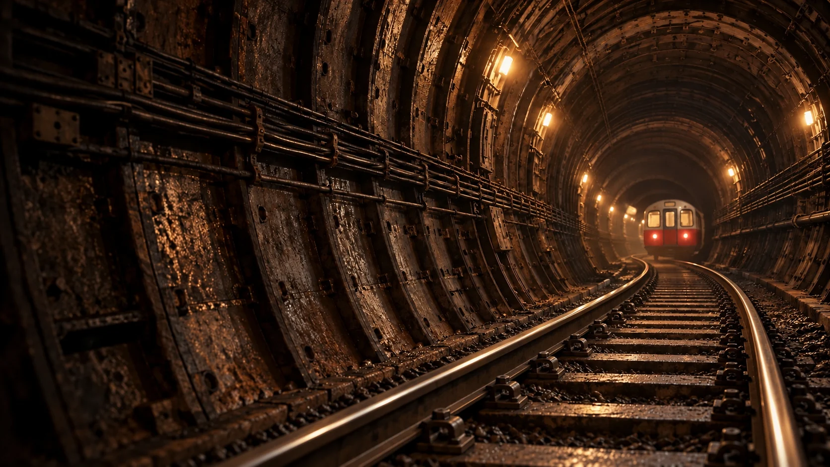 An illustrated deep Tube tunnel, its rails curving towards a red-fronted train under warm work lights.